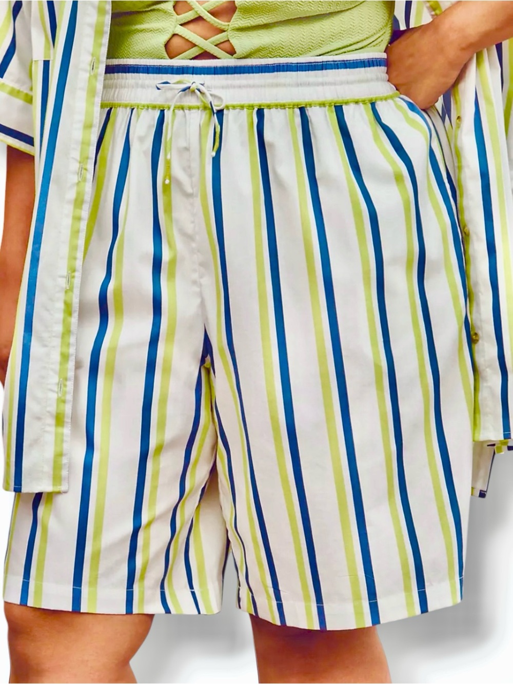 By Anthropologie Boxy Bermuda Shorts White Blue Lime Stripe Size XL NWT
